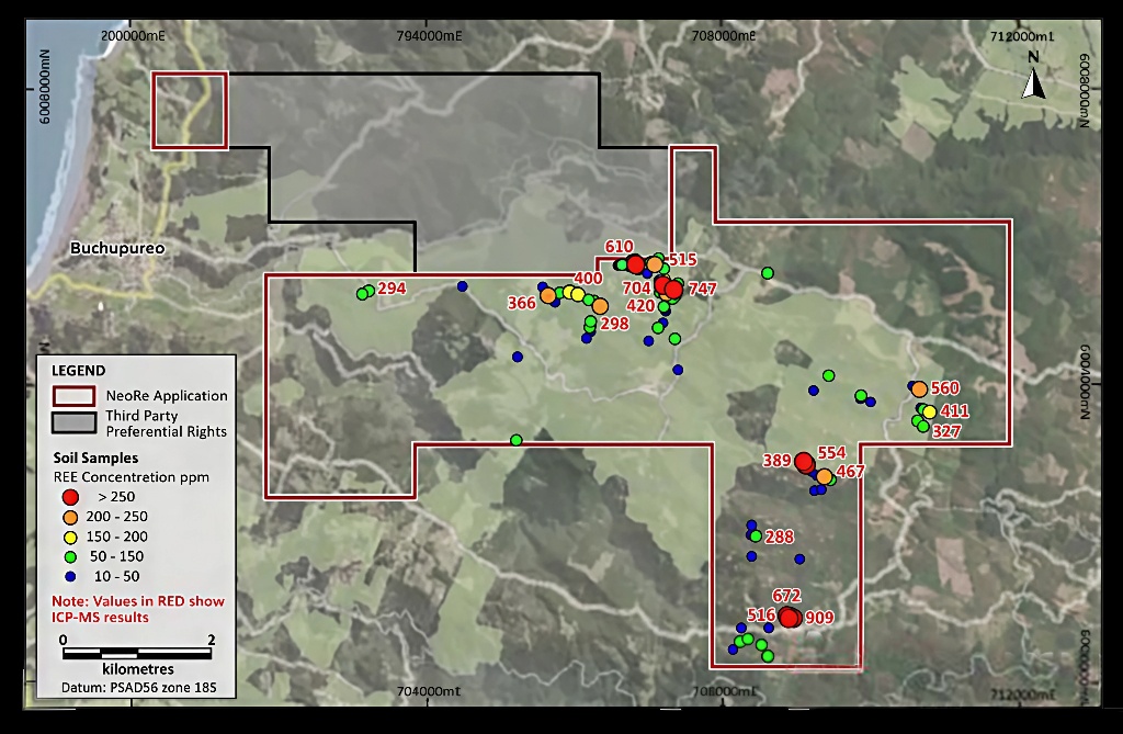 Mapa satelital y concentraciones de tierras raras del proyecto La Marigen en Cobquecura
