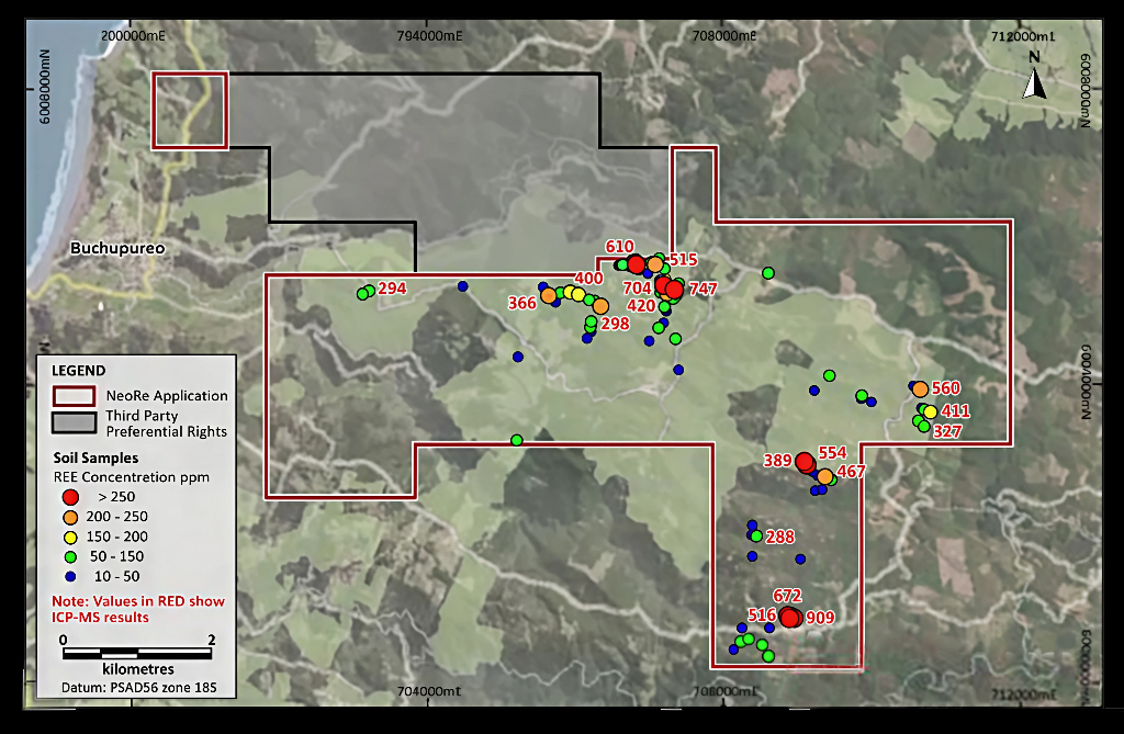 Mapa de resultados de muestreo geoquímico REE en el área Lourdes, Buchupureo, Cobquecura (Pearl Gull Iron, julio 2024)